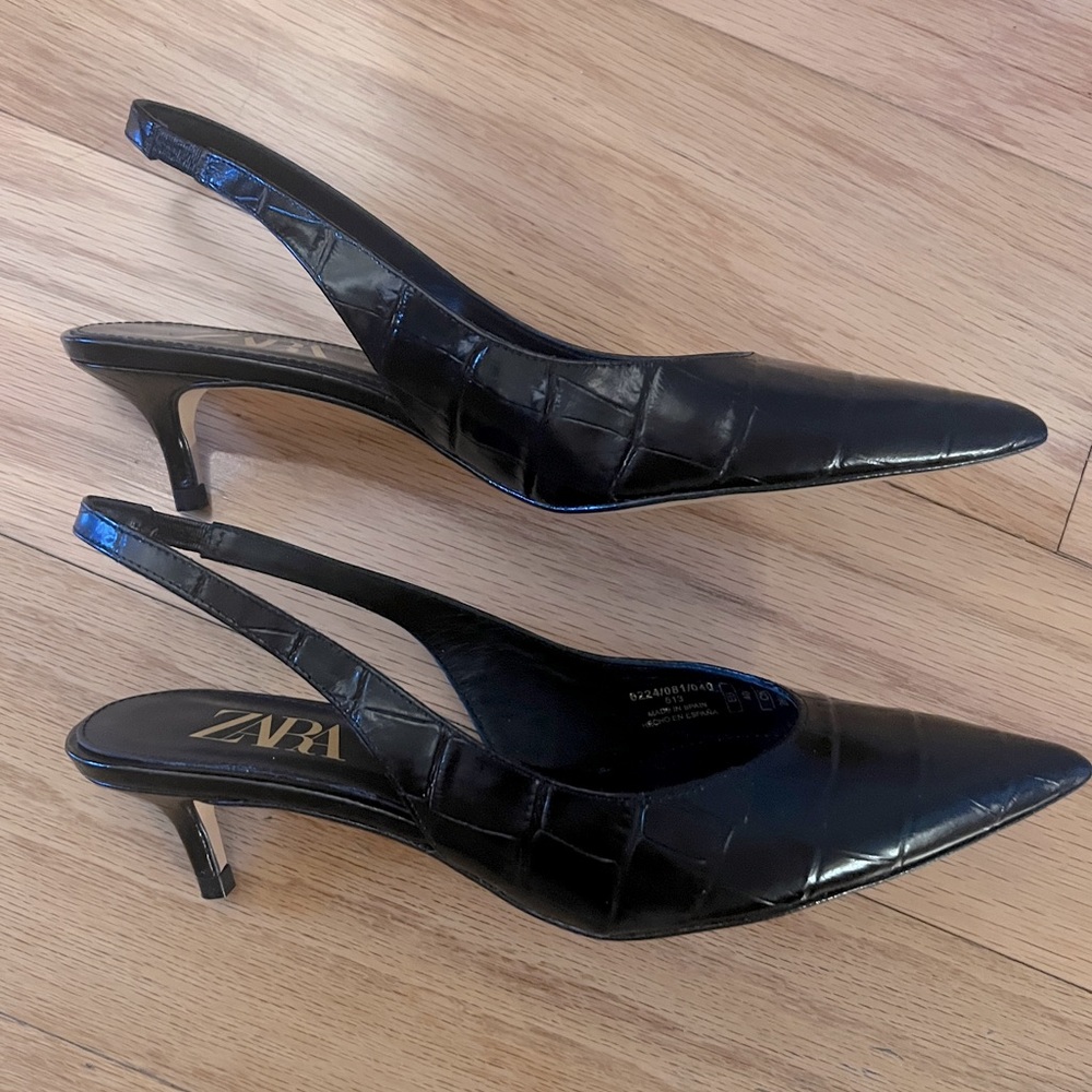 Never-worn Zara faux croc slingbacks - kitten heal, black, size 40